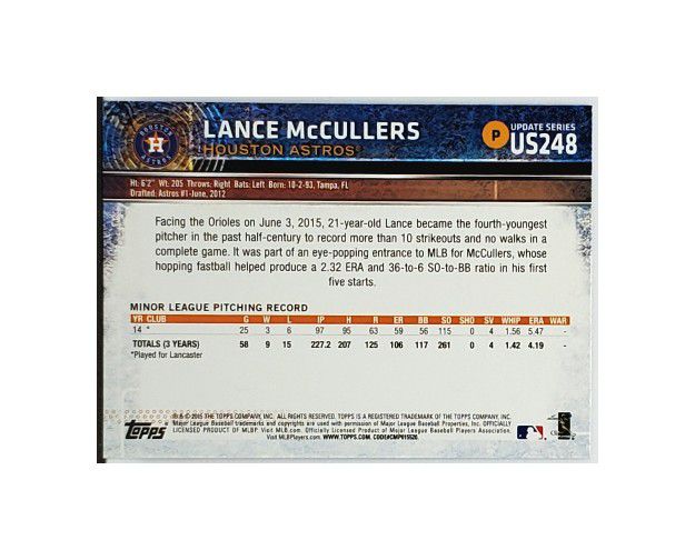 LANCE MCCULLERS ROOKIE "FLAGSHIP" 2015 TOPPS UPDATE #US248, HOUSTON ASTROS


