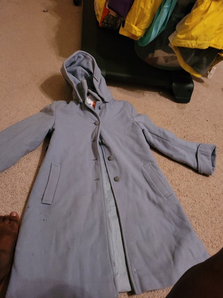 Light Blue Wool Removable Hood Girls Peacoat