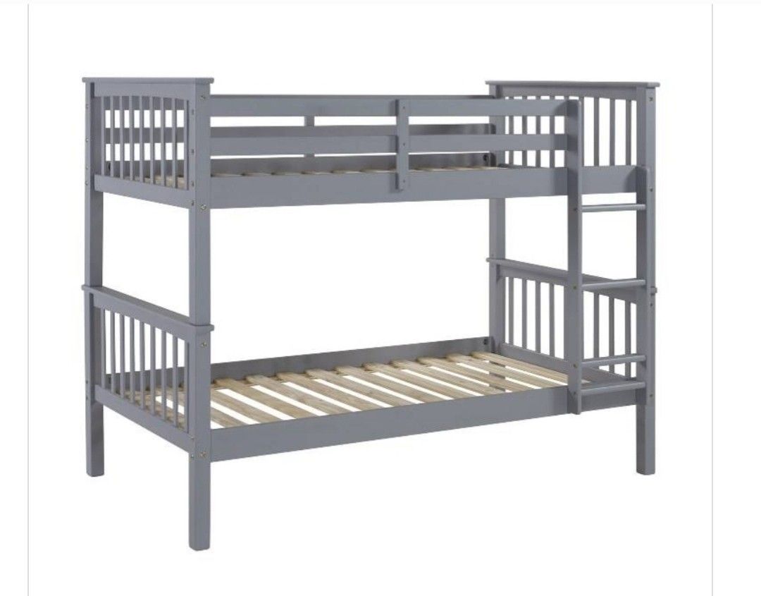 BRAND NEW WALKER EDISON MISSION GRAY TWIN OVER TWIN BUNK BEDS. FRAME ONLY