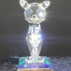 Czech 1980s Faceted Crystal Cat With Collar Figurine On Iridescent Base, 1.5”