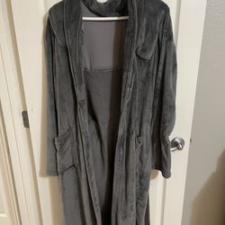 gray plush hooded fleece bathrobe