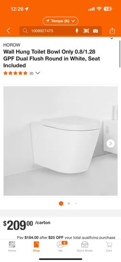 HOROW Wall Hung Toilet Bowl Only 0.8/1.28 GPF Dual Flush Round in White, Seat Included New box $110