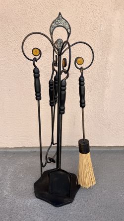 Vintage  Italy Fireplace Iron & Brass Set With Stain Glass Accents Rare 