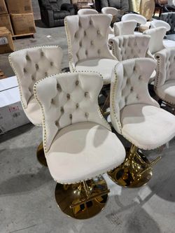 Bar Stools Set of 4, Gold Velvet Swivel Barstools with Tufted Backs and Footrests, Upholstered Adjustable Seat From 25" to 33" for Home Pub