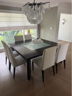 WHITE FABRIC FORMAL DINING CHAIRS (6)