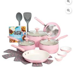 Tasty Clean Ceramic 16 Piece Pan Set Pots Pink Aluminum  Cookware