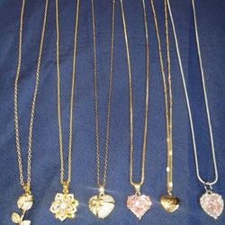 Necklace. Cadena. Gold Color. Silver Color. Rhinestones. Flower. Rose. Pink Heart. Fashion Jewelry 