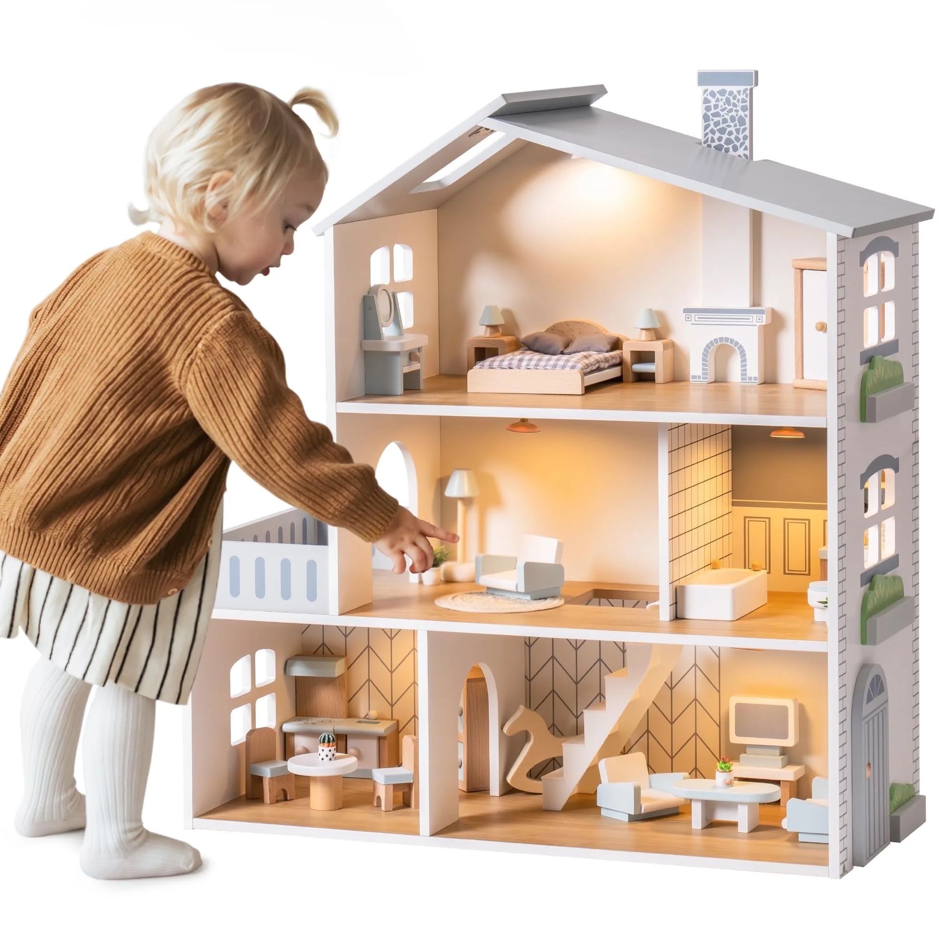 ROBUD Doll House Wooden Dollhouse with 6 Rooms 29-pcs Realistic Accessories