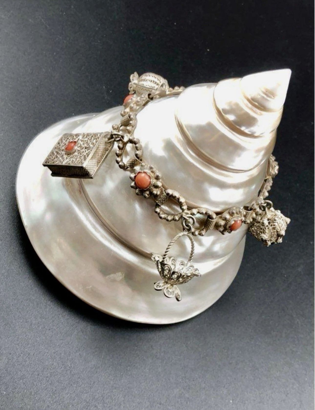 FREE SHIPPING! Antique Etruscan Revival 800 Silver Coral Bracelet 8” With 5 Filigree Charms