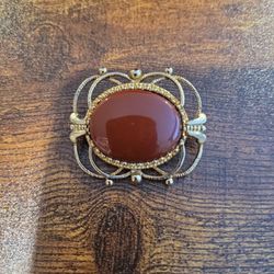 Vintage Goldtone Cabachon Brown Red Brooch Pin 1.5"×1.25" F8 