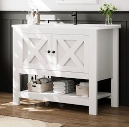 36 Inch Bathroom Vanity with Sink, Farmhouse Bathroom Vanity with Storage, White Bathroom Cabinet with Ceramic Sink, 2 Doors and Open Shelf, White