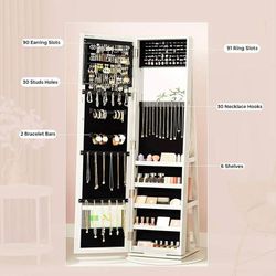 (Small Damage) 360° Swivel Jewelry Cabinet, High Full Length Mirror, Lockable Jewelry Armoire, with Built-in Small Mirror, Rear Storage Shelves