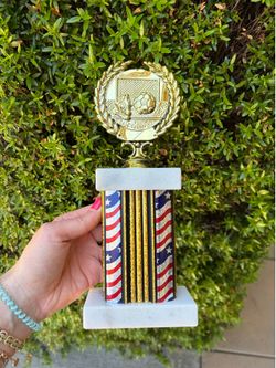 Gold Soccer Trophy with American Flag Columns