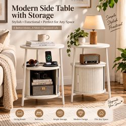 Set of 2 Modern Round Side Tables with Storage – Brand New