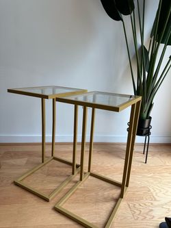 Gold C-Shape Side Tables with Glass Top – Set of 2