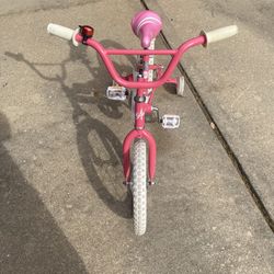 Pink 16” bike +training wheels + Disney Minnie Mouse helmet