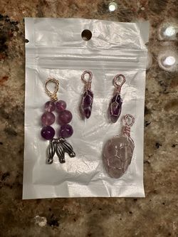 Set of Four Small Wire Wrapped Amethyst Crystal Necklace Pendants