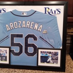 RANDY AROZARENA OF THE TAMPA BAY RAYS, CUSTOM STITCHED, BRANDED AND AUTHENTIC FRAMED JERSEY.