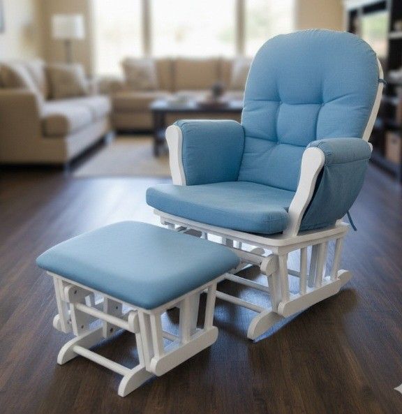 COMFORTABLE WOODEN ROCKING CHAIR IN SOFT BLUE CUSHIONS. PERFECT FOR RELAXATION! EXCELLENT CONDITION!!!