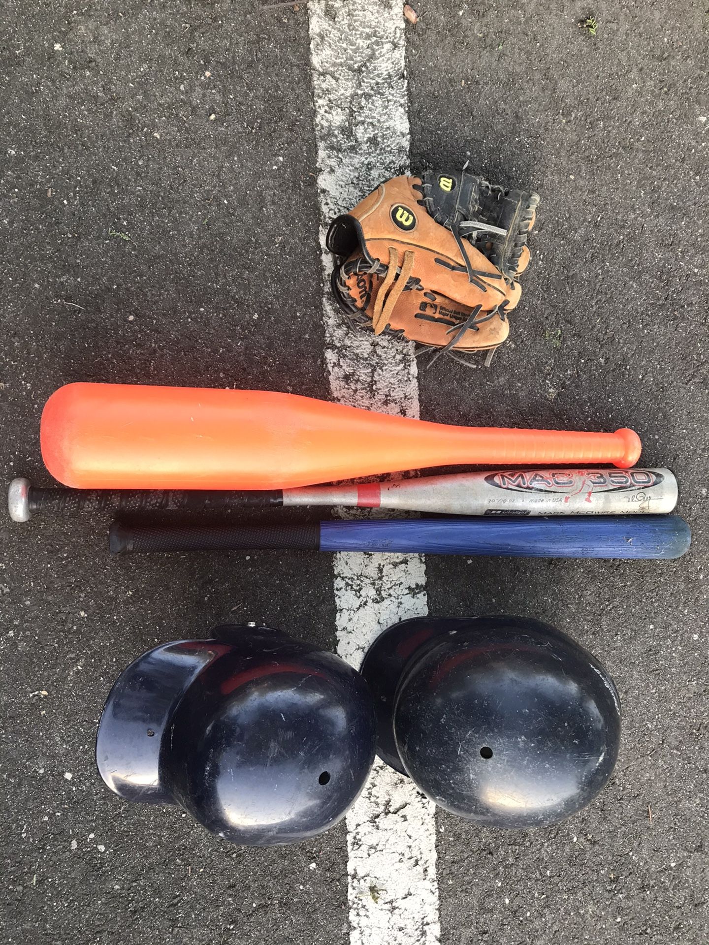 Youth baseball gear, 2 helmets, glove, 3 different bats