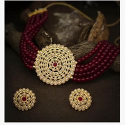 Aheli Pearl Diamond Choker Necklace with Round Earrings Gift for Women Indian Traditional Bollywood.