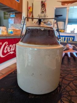 Antique, vintage primitive hand made canning crock, ceramic bean pot, crockery whiskey jug whisky bottle stoneware