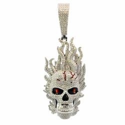 Men’s 925 Sterling Silver Iced Out Moissanite Fire Flaming Skull 4.90 CTW Pendant For Necklace GP3136749