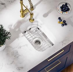 Davivy 13x19 Inch White Bar Sink Fireclay, Small Bar Prep Sink 13x19x8 Inch Dual Mount Small Bar Sink, Porcelain Single Bowl Design with Bottom Grid a