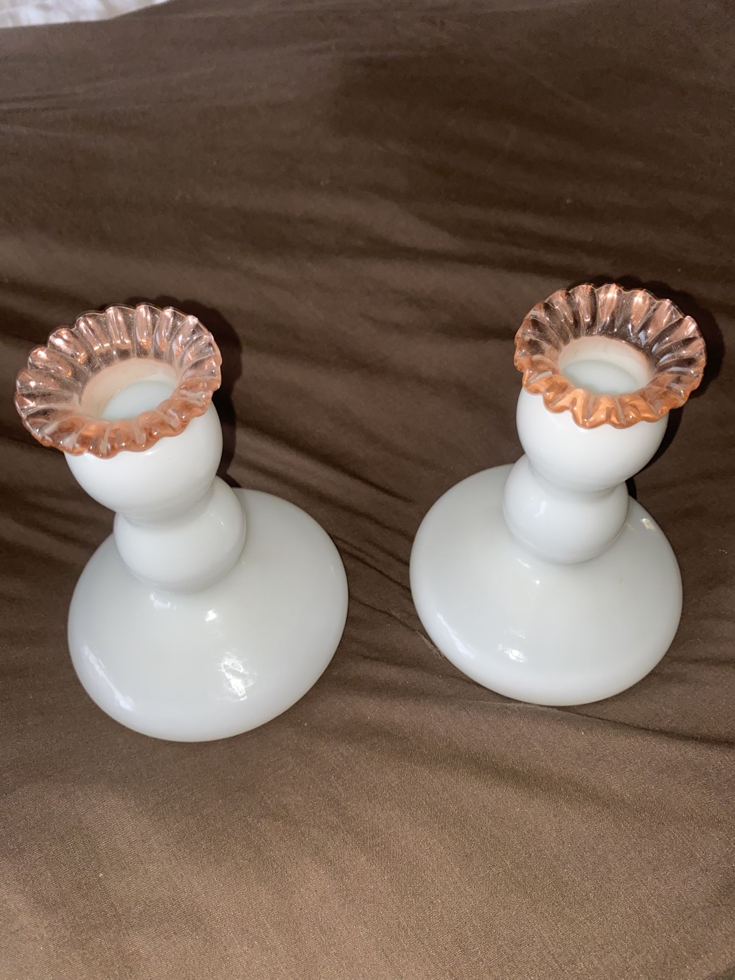 Pair of Fenton Rose (Pink) Crest #1523 milk glass candlesticks