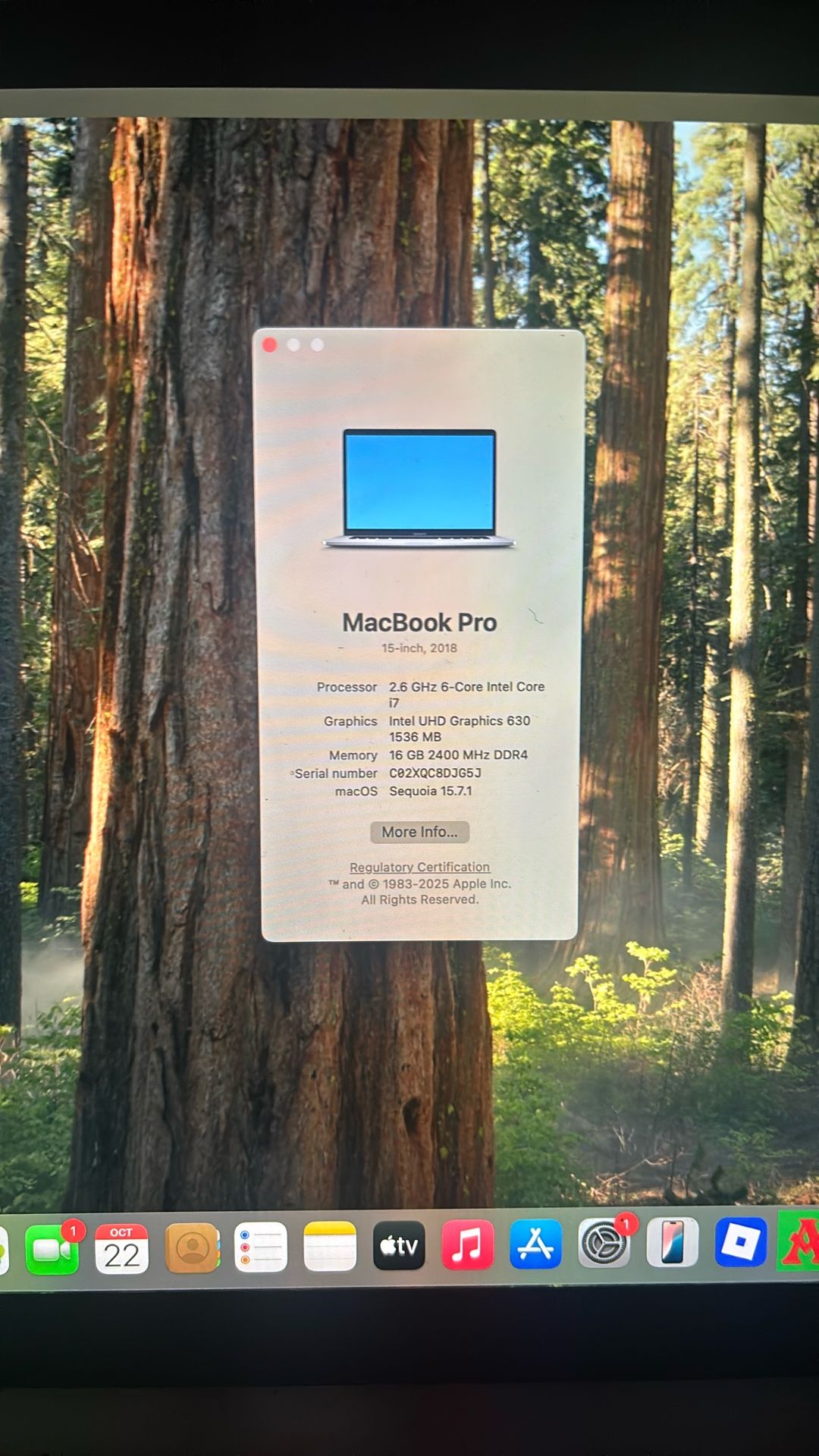 MacBook Pro 15-inch, 2018 16GB Ram 499GB Storage