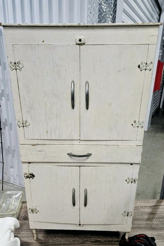 Unique Vintage Chippy White Kitchen Cabinet - Homemade Charm | Great Patina