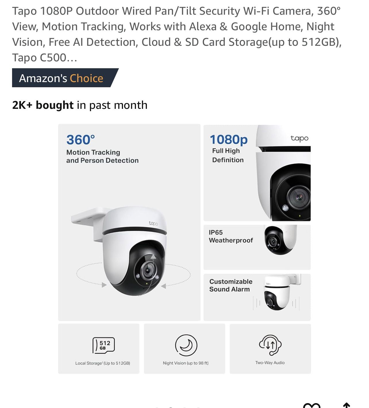 Tapo 1080P Outdoor Wired Pan/Tilt Security Wi-Fi Camera, 360°
