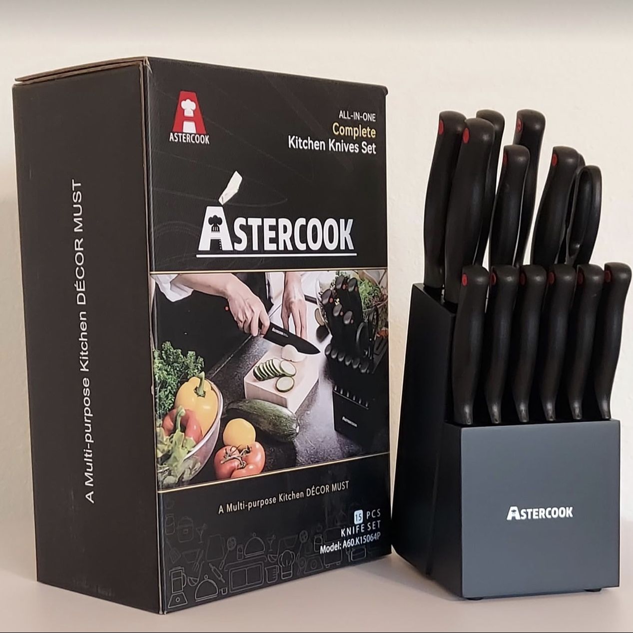 Astercook 15 Piece Chef Knife Set with Block Silver Knives & Black Holder