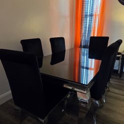 Modern Black Glass Dining Table with 6 Chairs 