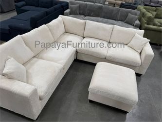 NEW Ivory White Beige Fabric Modern Sectional Sofa and Ottoman Set Corner Couch Ashley IKEA Style BIG Furniture Discount CLEARANCE SALE Black Designer