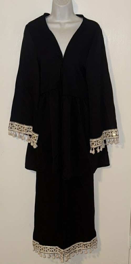 Elegant 2pc pant/shirt set Black with beautiful Bahamian Tassel Fringe Trim Islamic