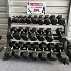 Top quality ⭐️New pair Vs of 5,10,15,20,25,30,35,40,45,50,55,60lb rubber dumbbells with rack. $958