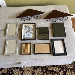 Picture frames and two corner shelves