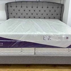 Brand new king size grey linen upholstered platform bed frame.