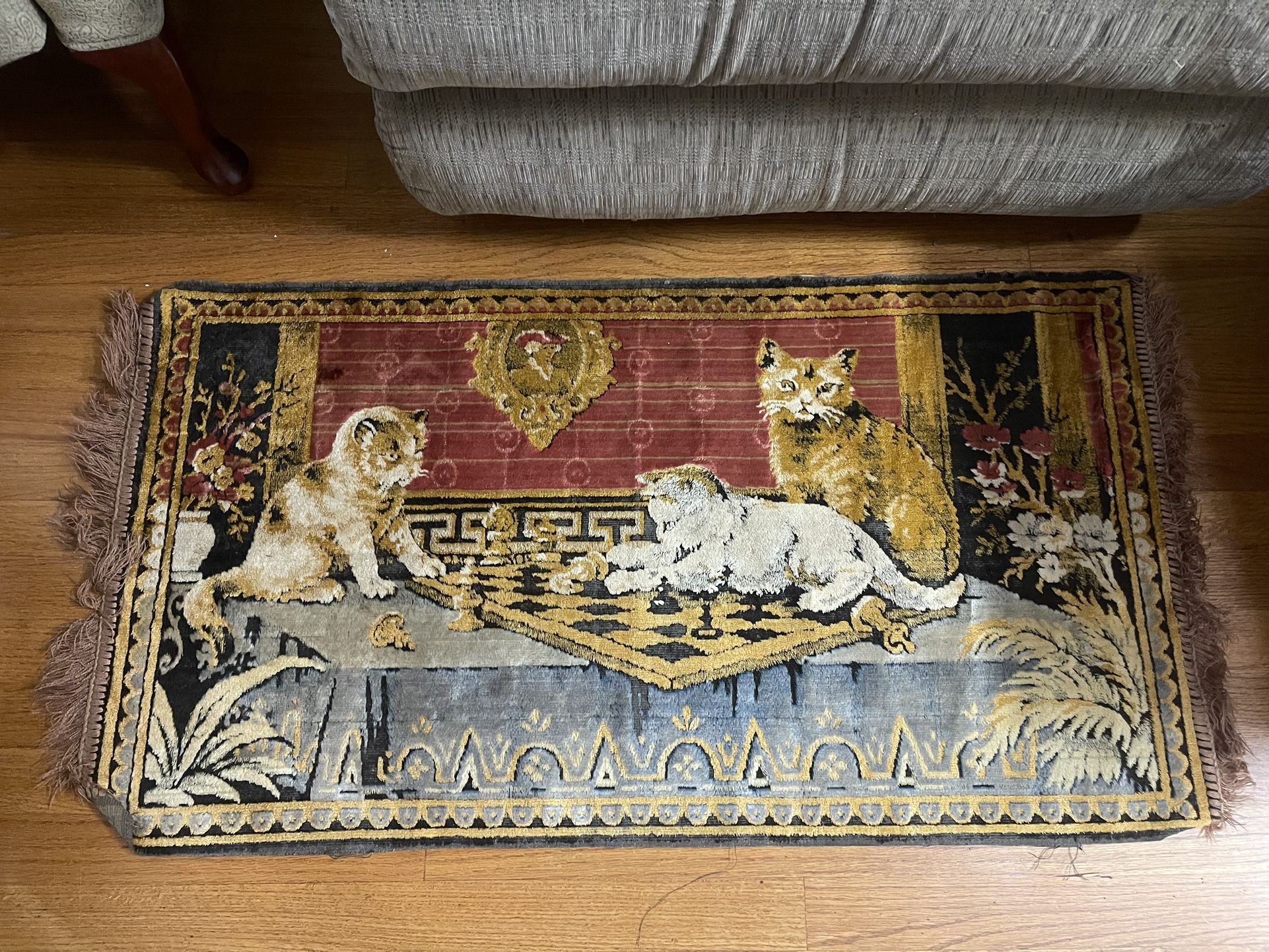 Vintage Rug Kittens Chess Antique Very Fine Soft