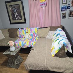 Beige. Brown And  Black Leather Sectional