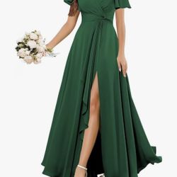 Pleated Maxi Formal Dress With Ruffle Slit 