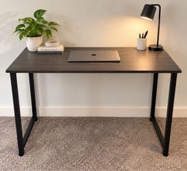 Modern Dark Wood Grain Desk with Black Metal Legs