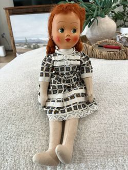 Vintage Celluloid Face Girl. Red  Circa 1950's 16" Tall Jointed Dressed.