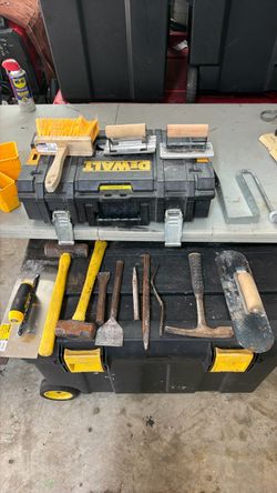 Concrete work tools with DeWalt box