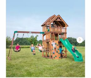 Highlander Outdoor Kid's Playground Set PlaySet w/ Multi-level Clubhouse, Rockwall, Swing Set, and Green Wave Slide
