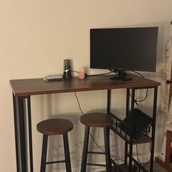 Kitchen Bar Table and 2 Stools Set Breakfast Dining Table Dark Beech Coffee Table with 2-Tier Storage Rack Shelves for Beverage Display Metal Le