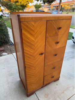 Vintage Art Deco Waterfall Cedar Wardrobe Dresser on wooden casters – Dovetail Drawers