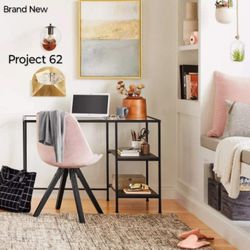 Brand New Project 62 Fulham Glass Top Desk With Wood Shelves 