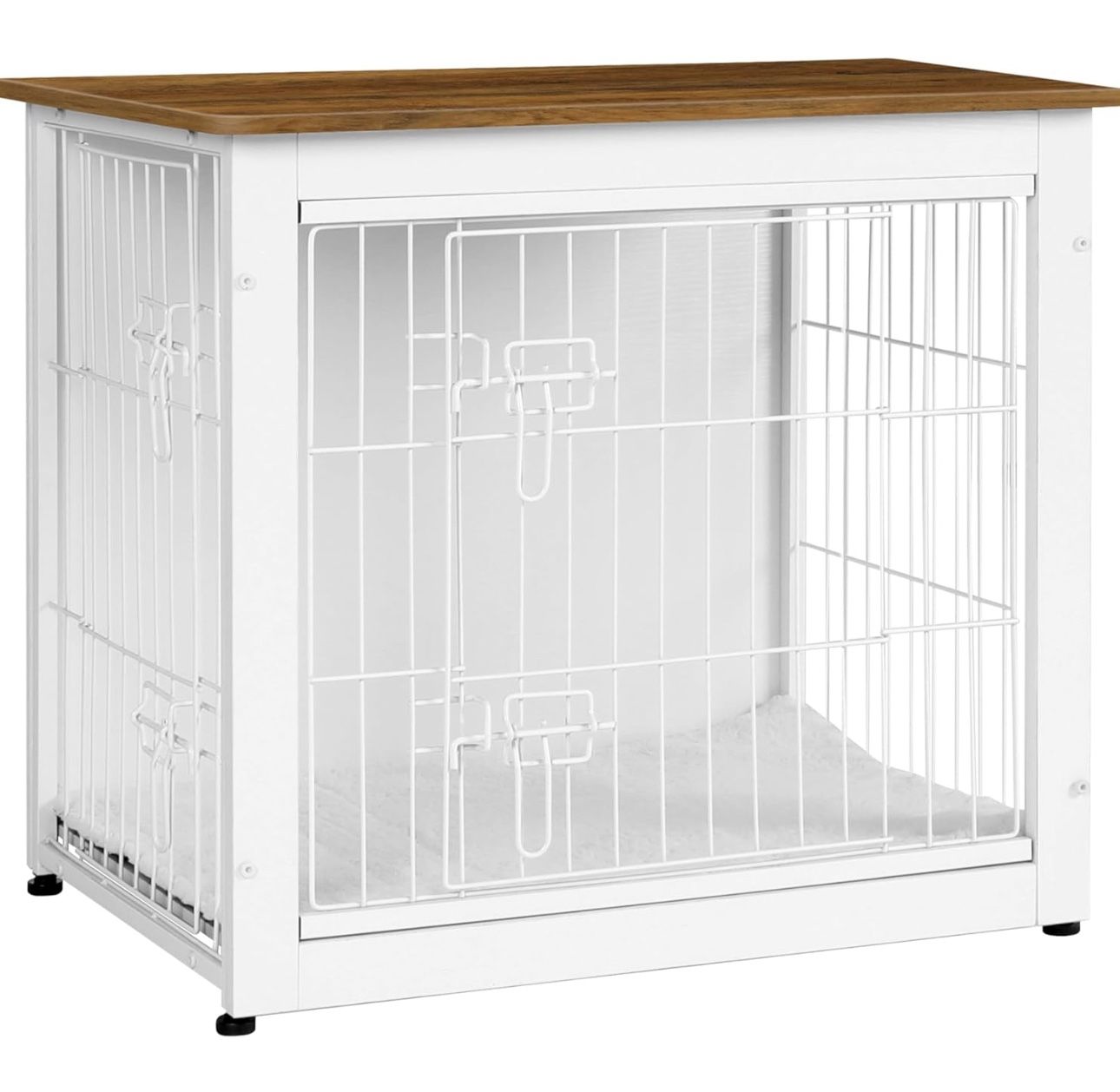 Dog Crate Furniture with Cushion, Wooden Kennel Table with Double Doors, Indoor Dog House, 27.2"L x 20.1"W x 23.6"H", White+Warm Brown
